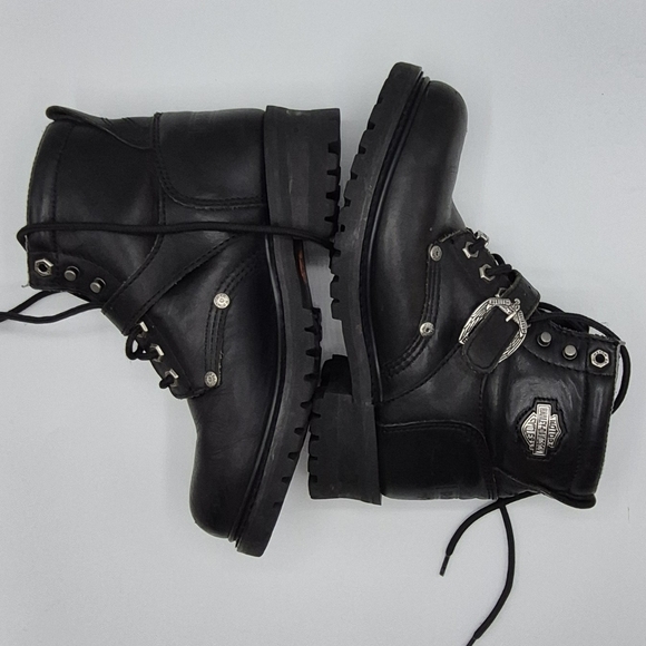 Harley-Davidson Black Leather Lace-Up Strap Motorcycle Boots - Picture 2 of 7